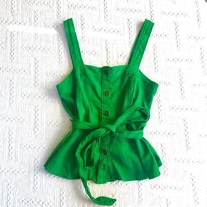 Who‎ What Wear Linen-Blend Peplum Tank Top Belted Button-Front Green S Cottage